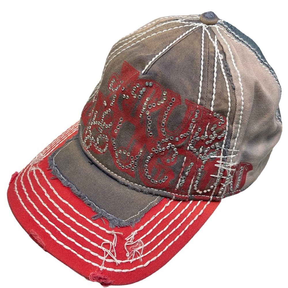 Y2K Vintage True Religion Jeans Rhinestone Mesh Trucker Hat TRBJ Grunge